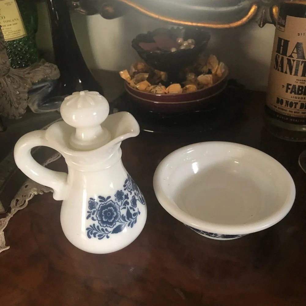 Vintage White & Blue Milk Glass Pitcher & Bowl